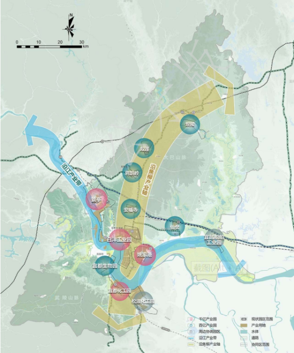 其中"一带"为沿焦柳产业发展带,"十园"包括白洋片区,姚家港片区,宜都